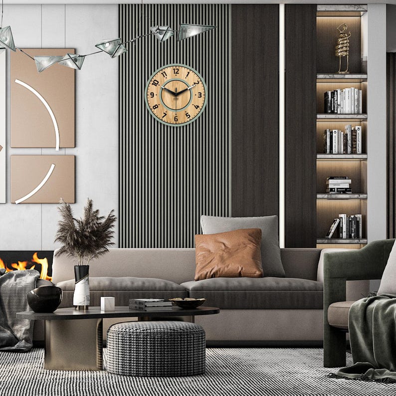 Sage Green Wall Clock With Oak Veneer | Modern Minimalist Wooden Clock ...