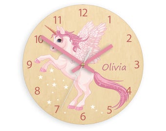 Children wall clock - unicorn with personalizen name, clock with numbers, gift, funny clock, kids clock, girls clock