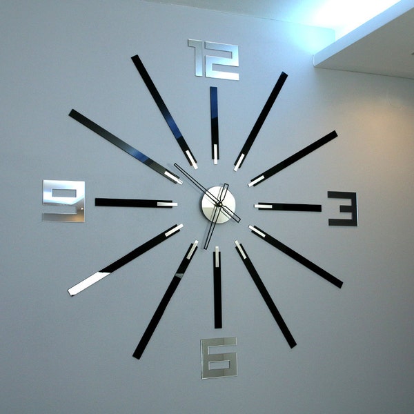 Wall Clock black and mirror - BIG CLOCK, large wall clock, gift, wall decor, Unique wall clocks, Mirror 115cm x 115cm/ 45,28"x45,28"