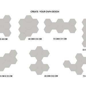 Puede incluir: Diagrama que muestra diferentes tama&ntilde;os y configuraciones de azulejos hexagonales. Los azulejos son grises y est&aacute;n dispuestos en varios patrones. Las dimensiones de cada configuraci&oacute;n se enumeran en cent&iacute;metros.