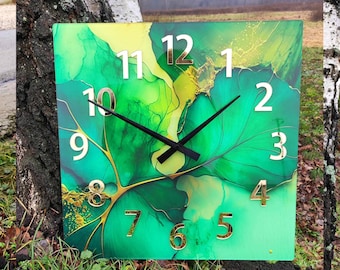 Large wall clock,  Amazing green, Marble abstract art green and gold , wall decor, Modern clock, Unique wall clocks, gift , Premium line