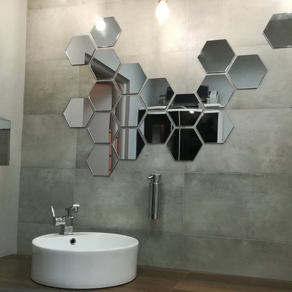 Calcomanía de pared con espejo en forma hexagonal, 3 piezas, PLATA