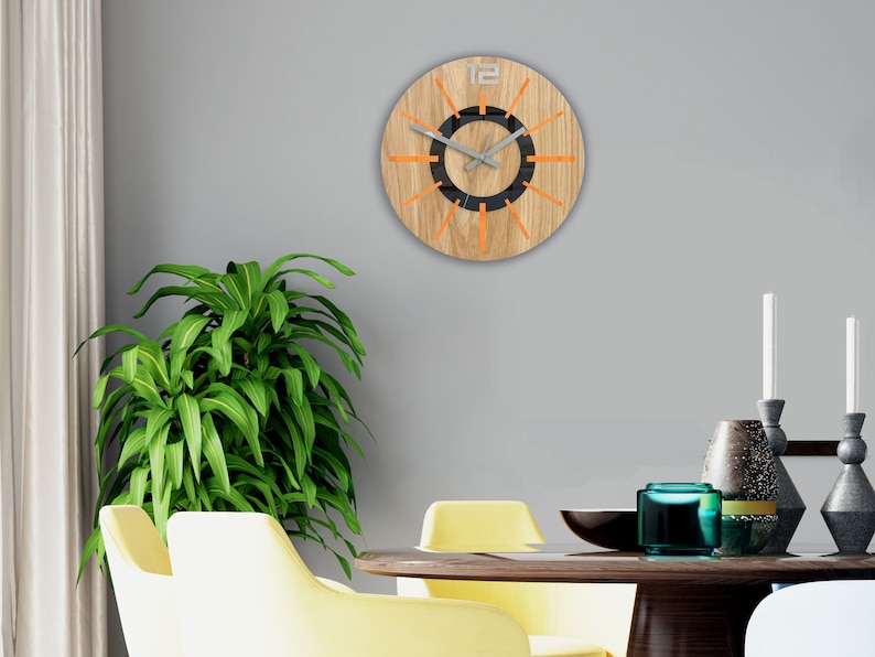 Large Wall Clock OAK 40cm Orange Nordic Wood Clock Etsy