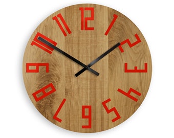 Grande horloge murale, horloge murale en bois, chêne, 16 pouces blanc & rouge, moderne géométrique horloge, horloge murale Oryginal, cadeau, brillant
