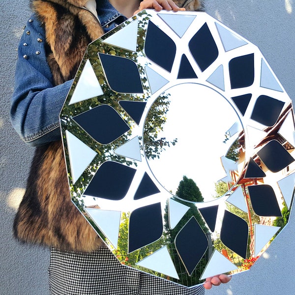 Large Geometric Mirror Wall Mirror White and Black LOTUS Mirror Diameter 19,69" Modern Wall Mirror