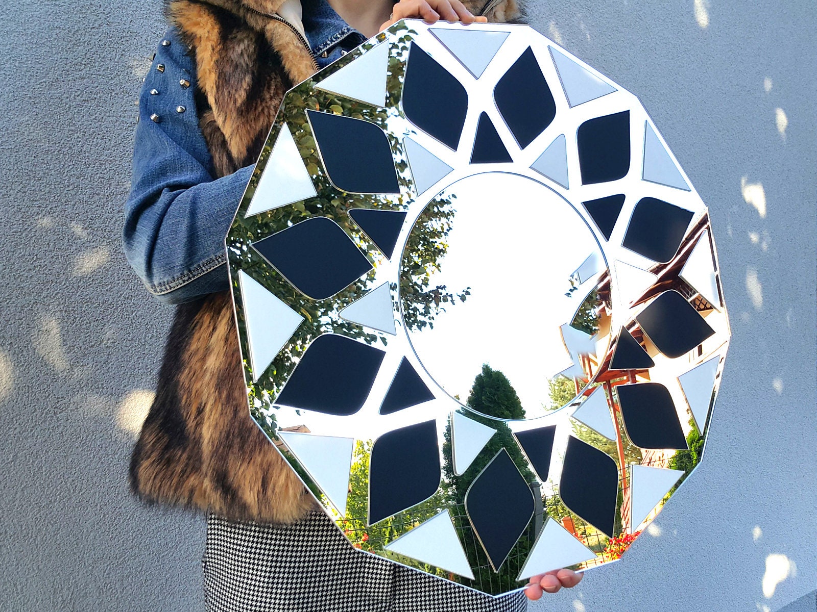 Large Geometric Mirror Wall Mirror White and Black LOTUS Mirror