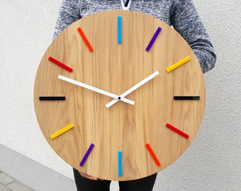 Large  Wall clock - OAK  19"  in ( 49cm)  - Wood clock - Colorfull Wall Clock - Modern Wall Clock - Geometric wall art - unique wall clock