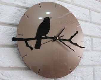 Wall Clock BIRD Modern clock large wall clock gift wall decor Unique wall clocks Metalic Tortora