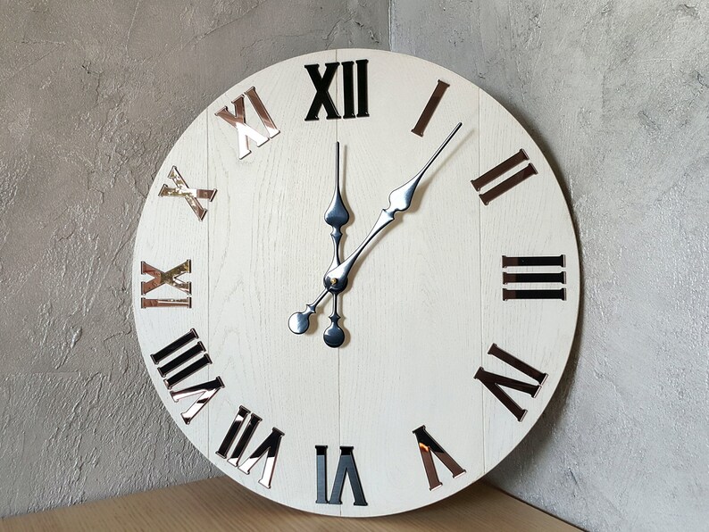 Large white wall clock with mirror numbers Wood clock | Etsy
