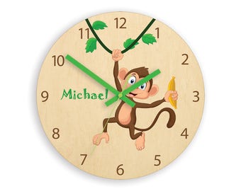 Kids wall clock - Monkey with personalizen name, Childrens Wall Clock - Kids Clock - Childrens Clock - Boys Clock - Girls Clock