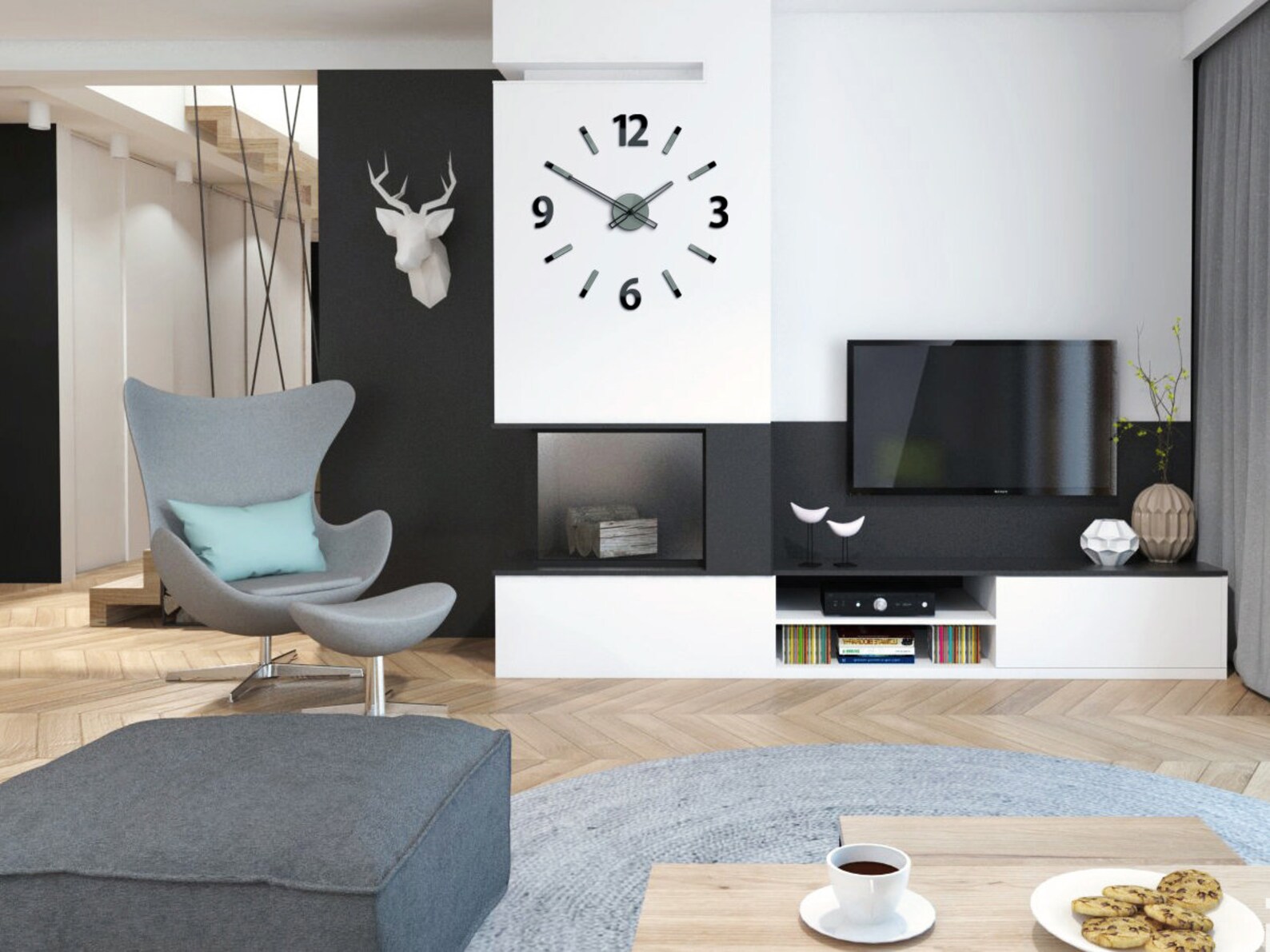 Wall Clock Gray Clock Black Glossy Clock Will Large Wall Etsy