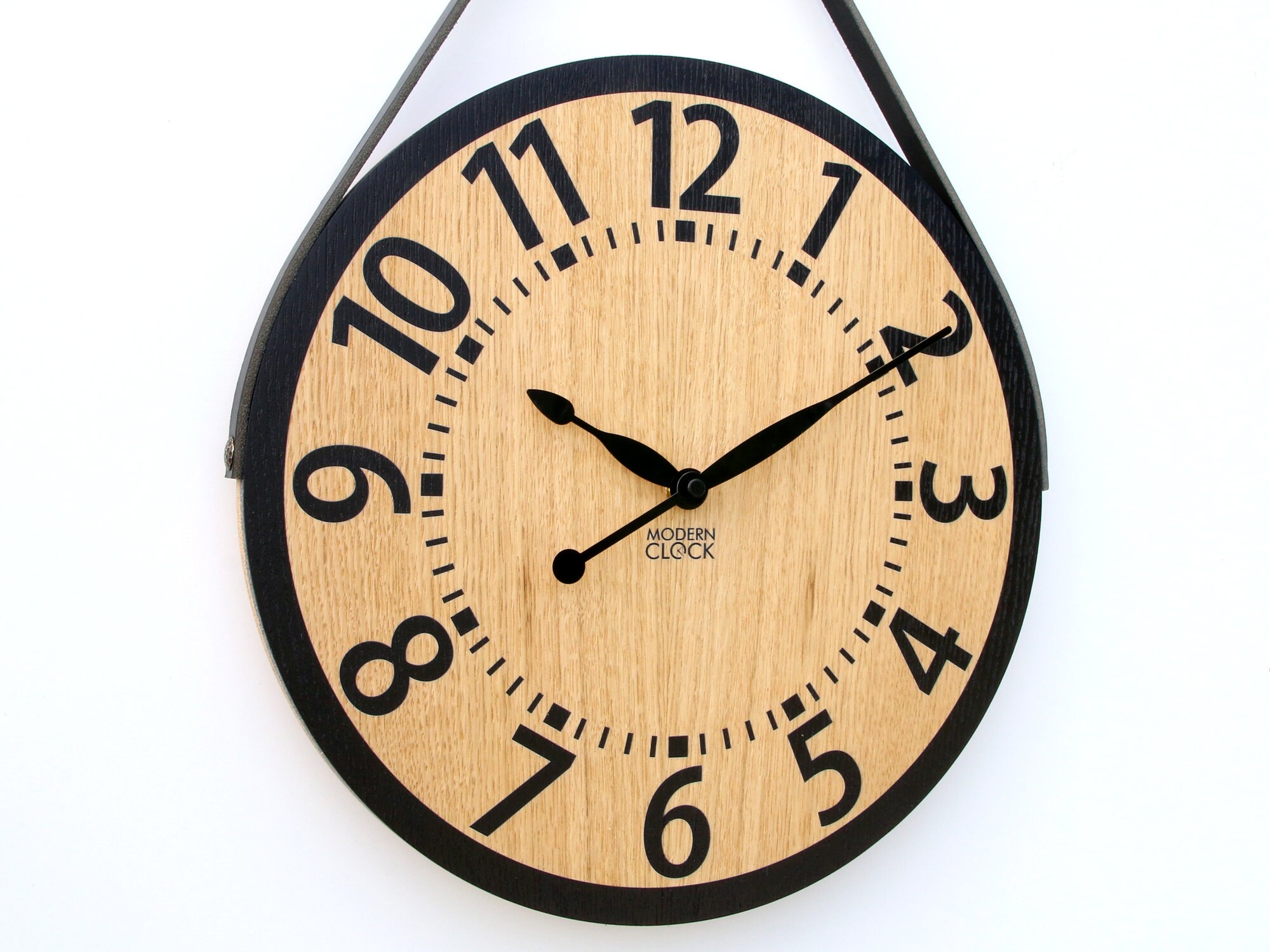 unique wood clock leather decor handmade clock farmhouse clock 33,5cm / 13,19 ModernClock Large wall clock wood clock