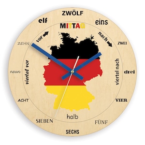 Uhr zum Deutschlernen, Deutsche Karte, Holzuhr, Uhr fürs Kind, Kinderuhr