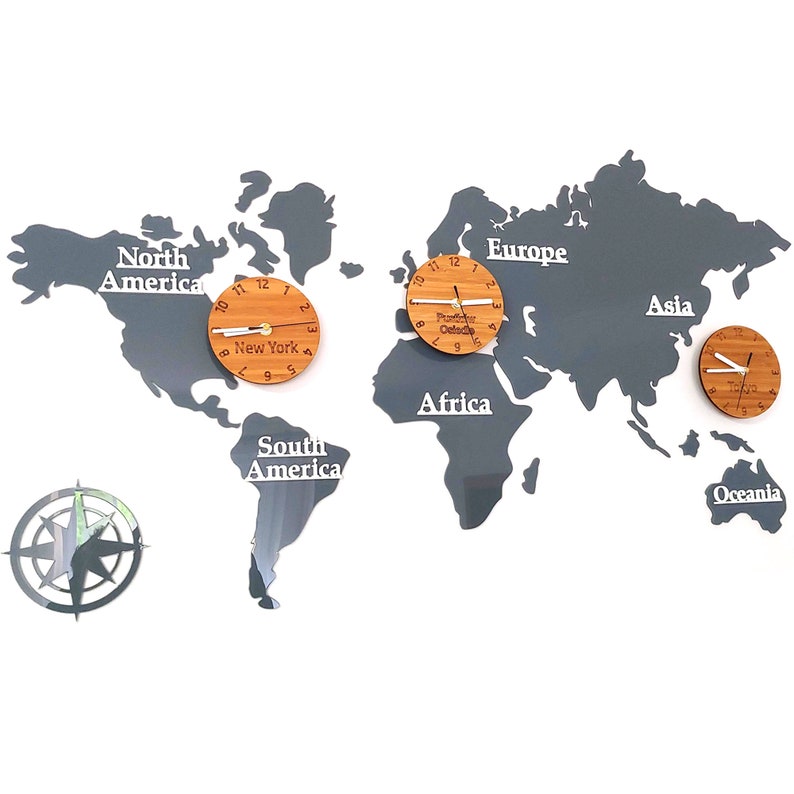 LARGE Wall Clock Map Clock With Time Zones Gray Clock World Etsy