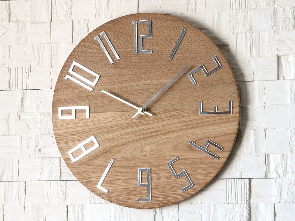 Large wood wall clock with mirror numbers, Oak clock, ModernClock 13,19