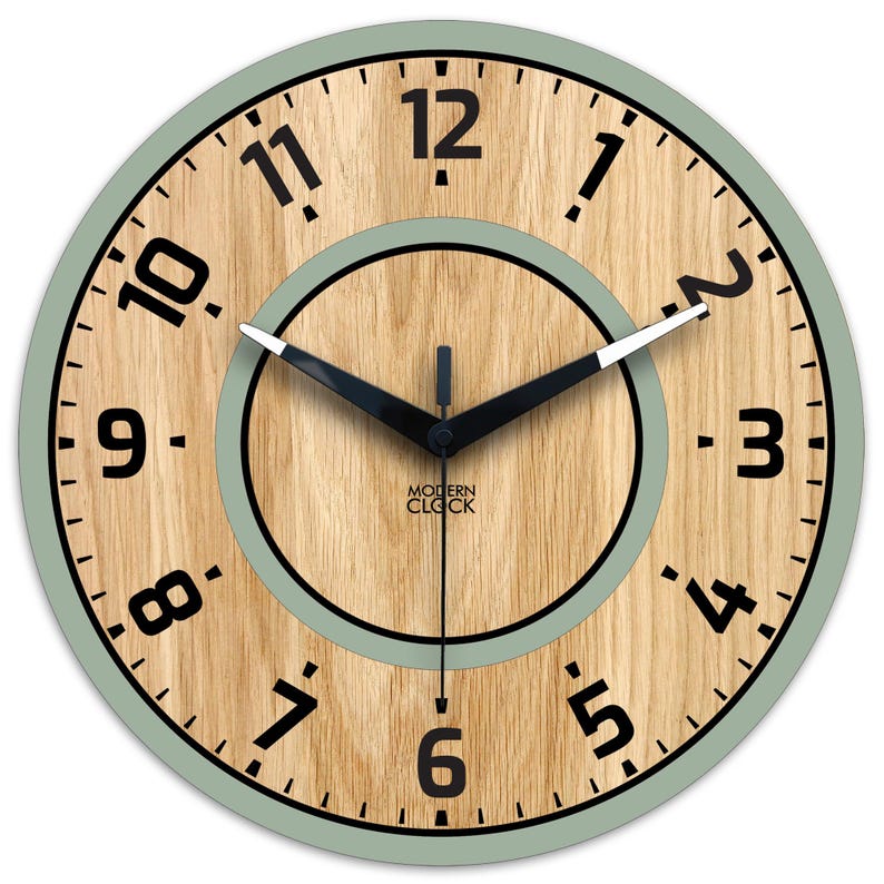 Sage Green Wall Clock With Oak Veneer | Modern Minimalist Wooden Clock ...