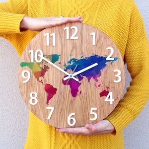 Wall clock - OAK  13 in - World Map with numbers  - Wood clock - Colorfull Wall Clock - Modern Wall Clock - Geometric wall art - unique