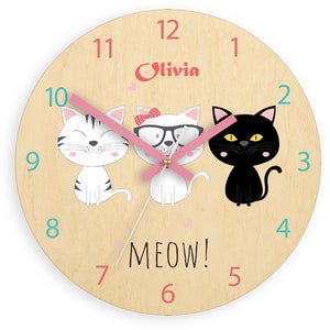 Gatos lindos: blanco y negro, reloj de pared de los niños - reloj de los niños - nombre personalizado - reloj de las niñas 30cm / 11,81 "