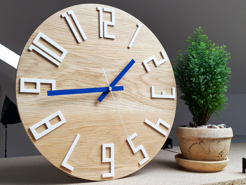 Unique Wall Clock, Gift Clock, Unusual Wall Clock, Modern Clock, Wood Clock, Abstract Style, Industrial Decor, Slim_wood_navy_blue image 1