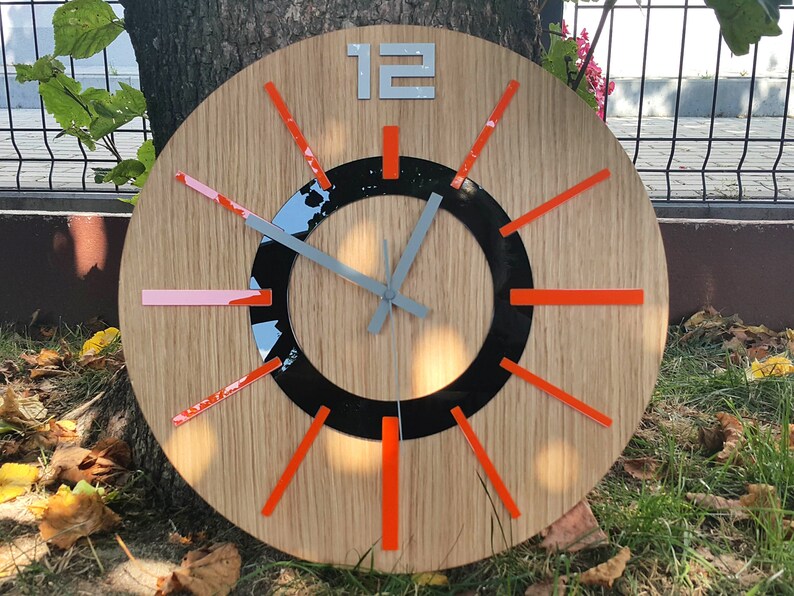 Large Wall Clock OAK 40cm Orange Nordic Wood Clock Etsy