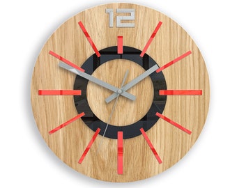 Large Wall clock - OAK 13 in - Red Nordic - Wood clock - Geometric wall art- ModernClock, Unique wall clock
