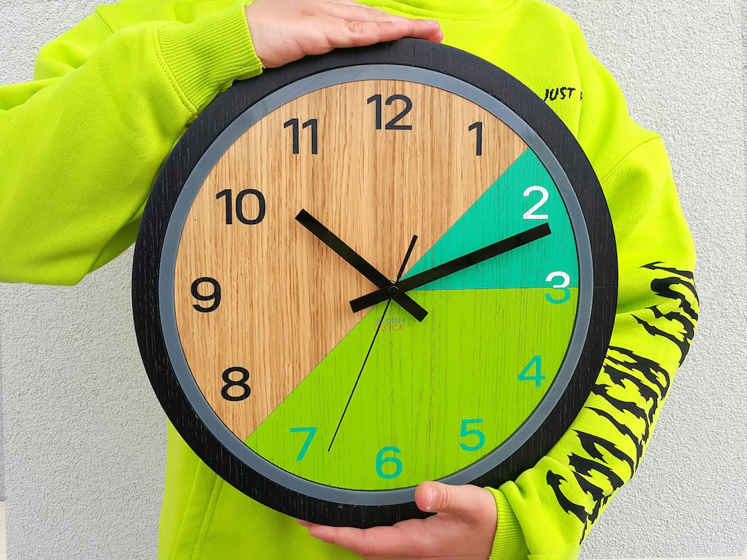 Scandi Wall Clock With Pastel Colors Minimalist Wooden Clock Green and