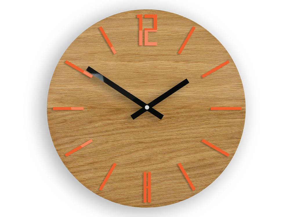 Wood Wall Clock Large Orange Black Modern
