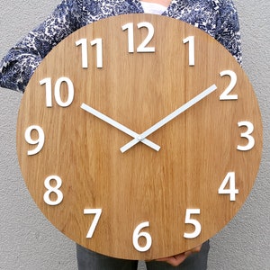 Large wall clock, Rustic OAK wall clock, Natural  Amadeusz_wood, White numbers Gloss,Wood wall clock, Wood clock  23" inch,