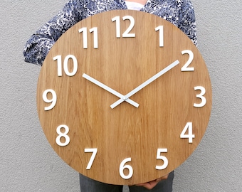 Large wall clock, Rustic OAK wall clock, Natural  Amadeusz_wood, White numbers Gloss,Wood wall clock, Wood clock  23" inch,