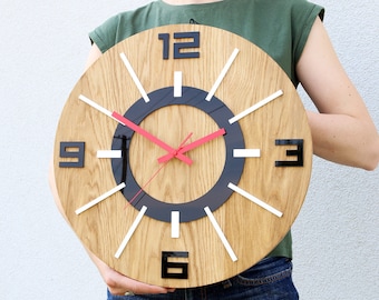 Large Wood Wall clock, OAK,  40cm, 15.75" , gift,  Unique wall clock, Red clock, Modern wall clock, Silent, wall decor,