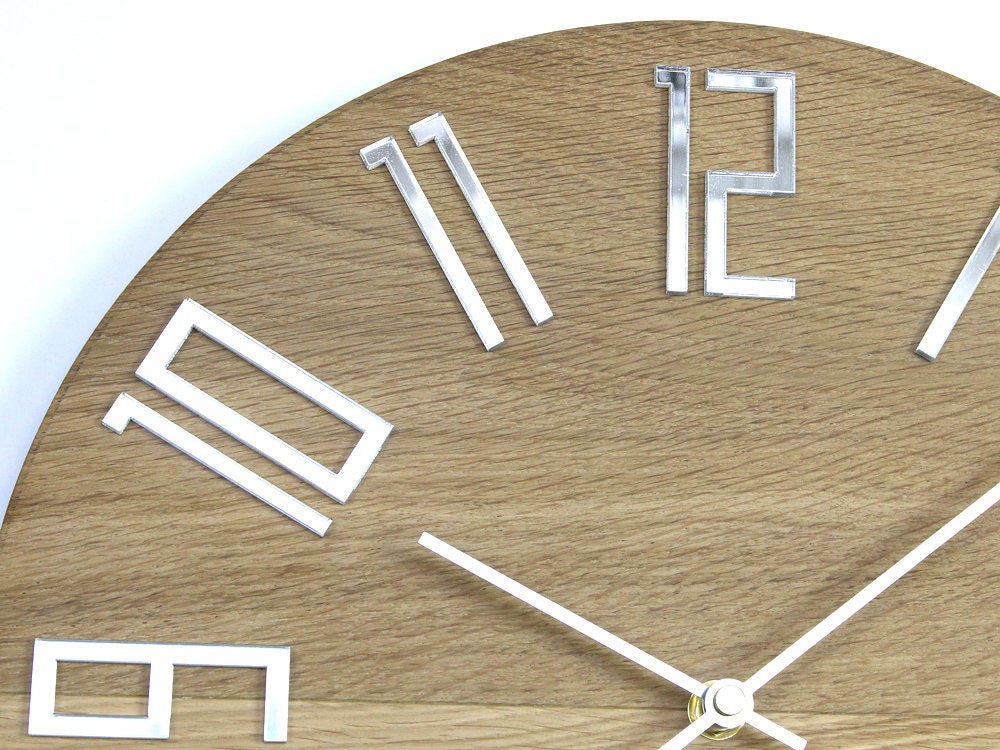 Large wood wall clock with mirror numbers, Oak clock, ModernClock 13,19