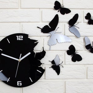 Wall Clock BUTTERFLY BLACK 3D large wall clock gift wall decor Unique wall clocks image 1