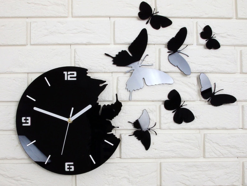 Wall Clock BUTTERFLY BLACK 3D large wall clock gift wall decor Unique wall clocks image 1