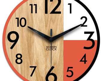Reloj de pared naranja / Reloj silencioso con números / Reloj de pared minimalista moderno de mediados de siglo / Diseño naranja y blanco, Alfred - ModernClock