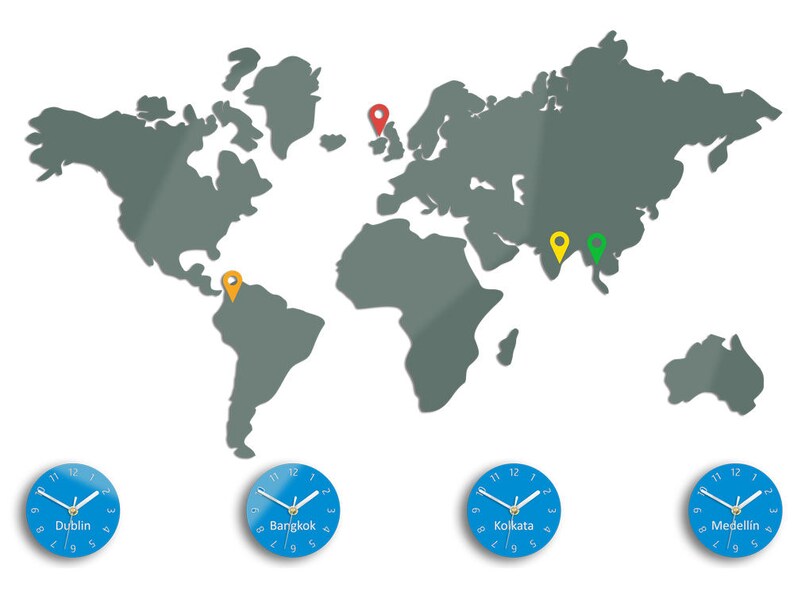 LARGE Wall Clock WORLD MAPS Modern Clock Wall Clock 4 Time Etsy