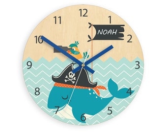 Horloge murale pour enfants - requin avec nom personnalisé, horloge avec chiffres, cadeau, horloge amusante, horloge pour enfants