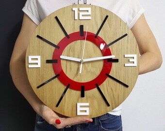 Large wall clock red and black  with a quiet mechanism AlladynWood 33,5cm / 13,19"