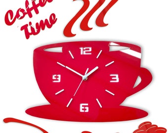 grande horloge murale, horloge moderne, horloge murale, horloge de cuisine, ROUGE, Coffe Time 3d