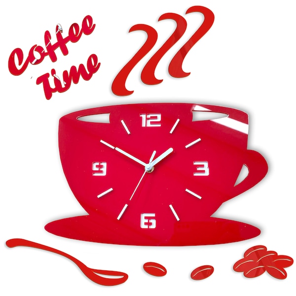 grande horloge murale, horloge moderne, horloge murale, horloge de cuisine, ROUGE, Coffe Time 3d