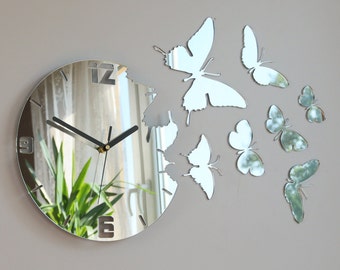 Wall Clock  MIRROR BUTTERFLY  large wall clock gift wall decor Unique wall clocks
