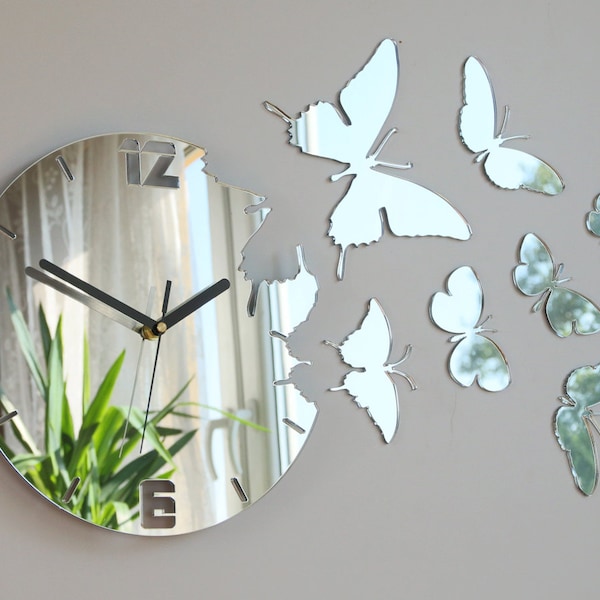 Wall Clock  MIRROR BUTTERFLY  large wall clock gift wall decor Unique wall clocks