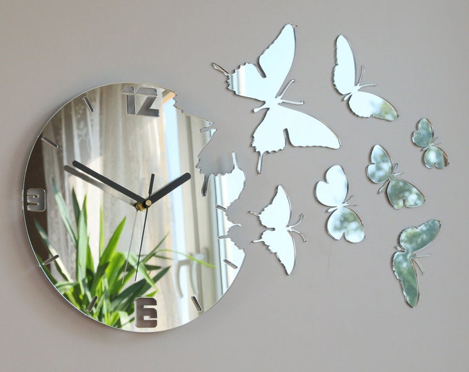 Featured listing image: Wall Clock  MIRROR BUTTERFLY  large wall clock gift wall decor Unique wall clocks