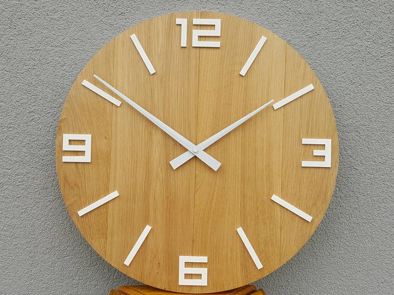 Duży zegar ścienny, rustykalny zegar ścienny DĄB, naturalne drewno, białe cyfry połysk, drewniany zegar ścienny, drewniany zegar 19 cali, image 3