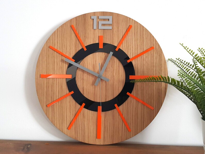 Large Wall Clock OAK 40cm Orange Nordic Wood Clock Etsy