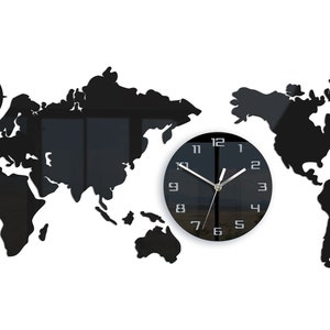 Large silent wall clock with World Map, Unique black clock with numbers 80cm x 40cm ModernClock