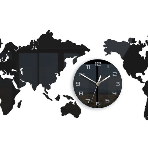 Wall Clock Wood World Map Black Silent Modern Clock With Etsy