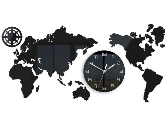 Large Silent Wall Clock With World Map, Unique Black Clock With Numbers  80cm X 40cm Modernclock 