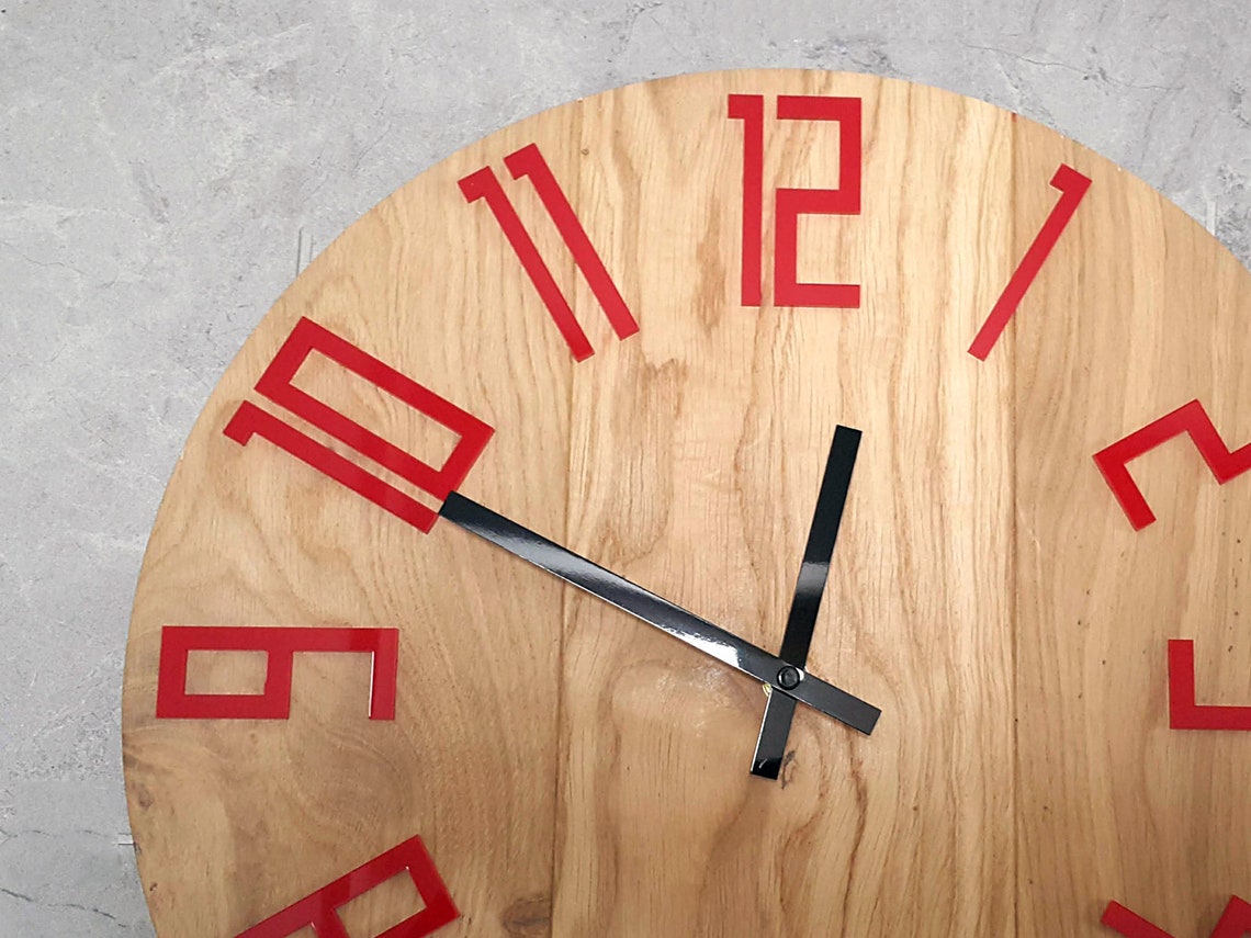 Large Wall Clock Wood Wall Clock Oak 16inch Black&red Etsy