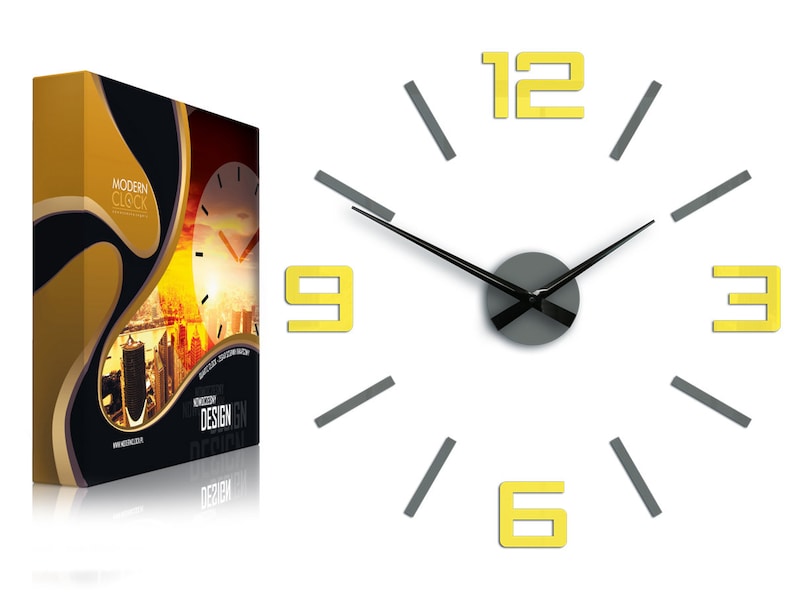 Wall Clock Large Wall Clockgray Clock Yellow Clock Silver Etsy