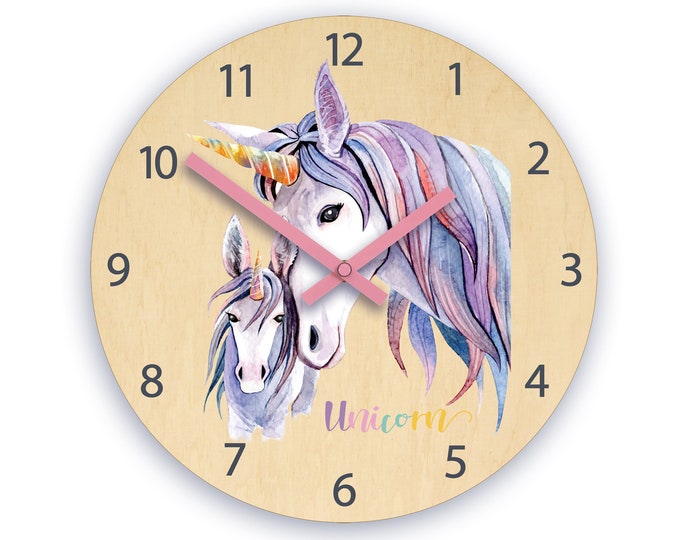 Children wall clock - pony with personalizen name, wooden clock, clock with numbers, gift, funny clock, kids clock, girl clock, unicorn